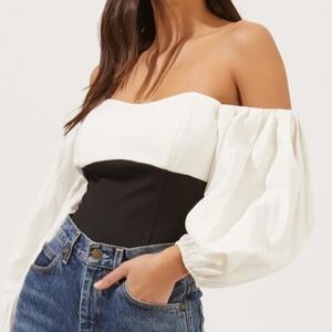 ASTR‎ The Label Off The Shoulder Bodysuit Puff Sleeve Black White Corset